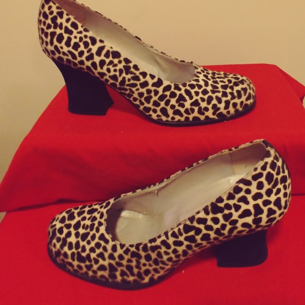 Spotted animal print cow hair flared heels - wild thing!